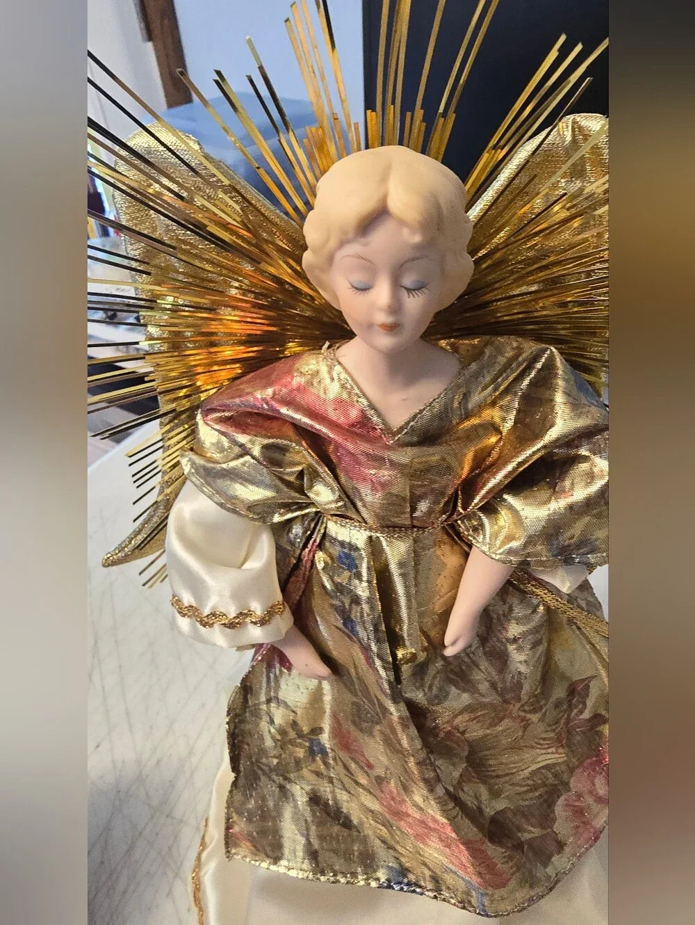 Vintage Porcelain Christmas Angel Tree Topper Elegant Gold Color 10.5